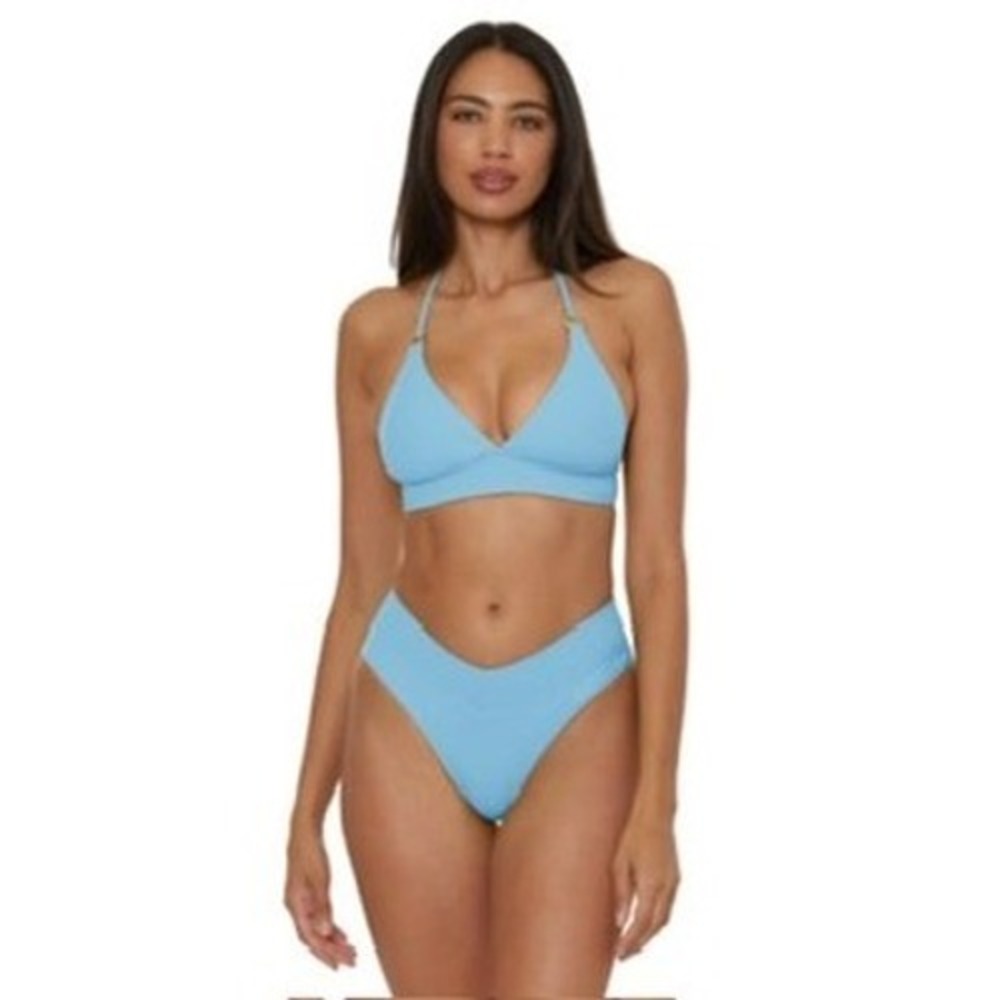 NWT BECCA Bikini Swimsuit‎ Women Blue Ribbed High Waist Triangle Set Large $122
